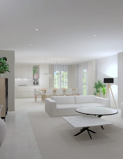 vue 3D d'un salon contemporain blanc et bois clair