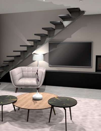 modélisation 3D d'un salon contemporain dans les tons de gris
